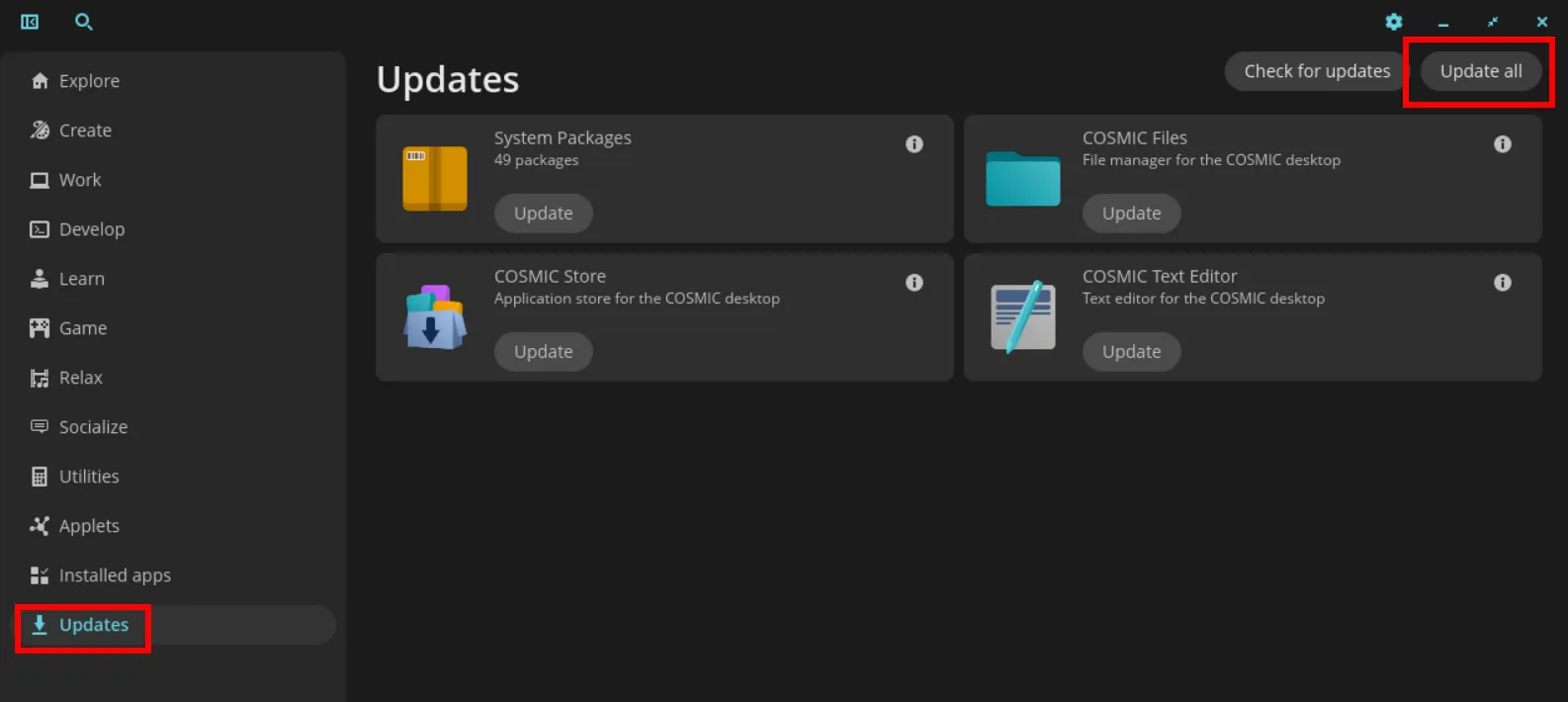 Updates page &amp; button in the COSMIC Store