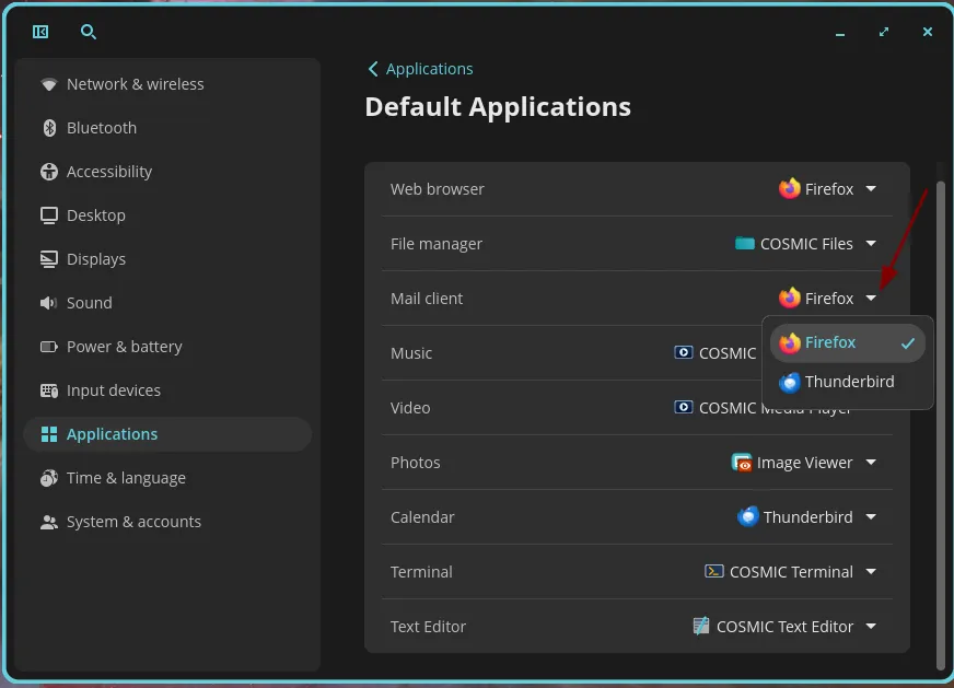 Change default applications in Pop!_OS within the settings panel
