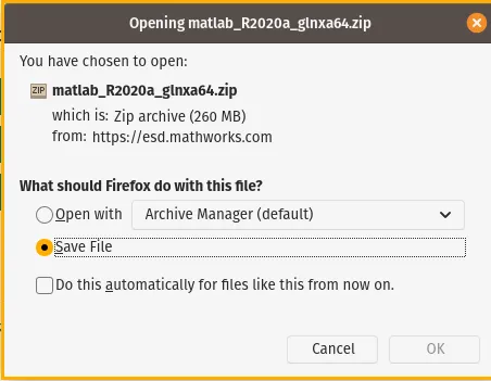Downloaded file prompt to save Matlab installation file
