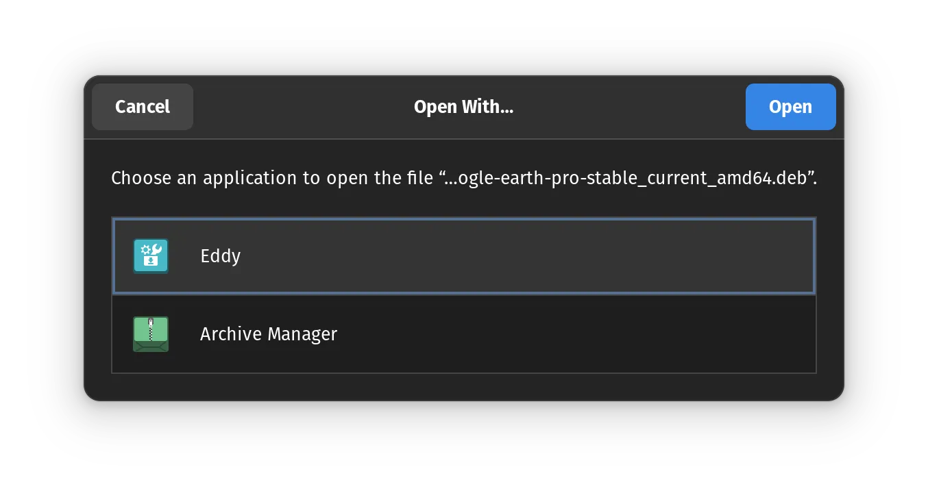 Opening a .deb file with Eddy in Pop!_OS 22.04