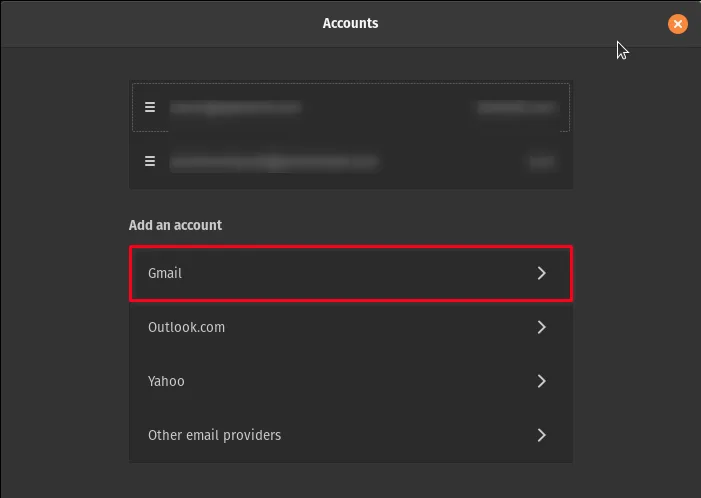 Selecting Gmail in Geary
