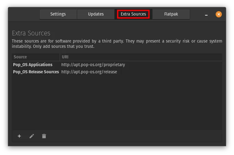 Repoman’s Extra Sources page in Pop!_OS 22.04