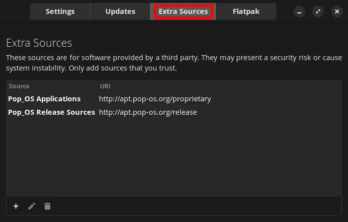 Repoman’s Extra Sources page in Pop!_OS 24.04
