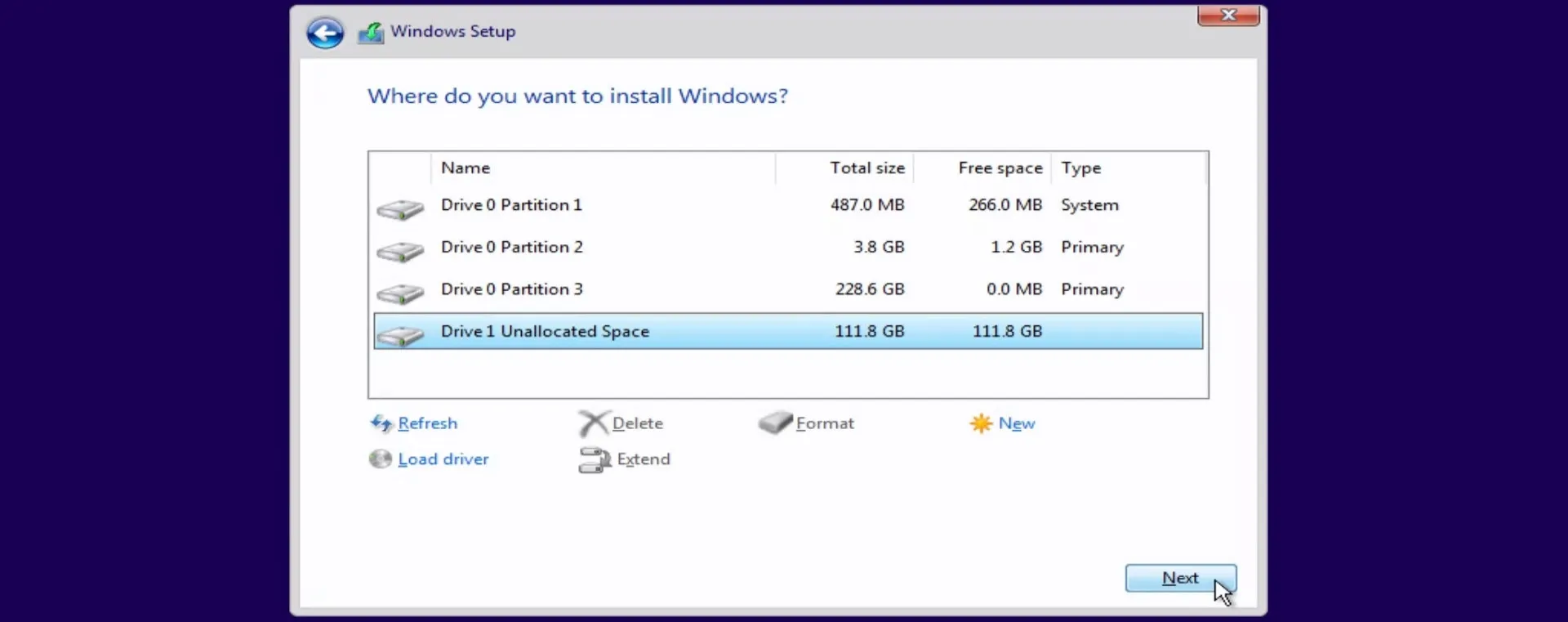 Windows selecting unallocated space