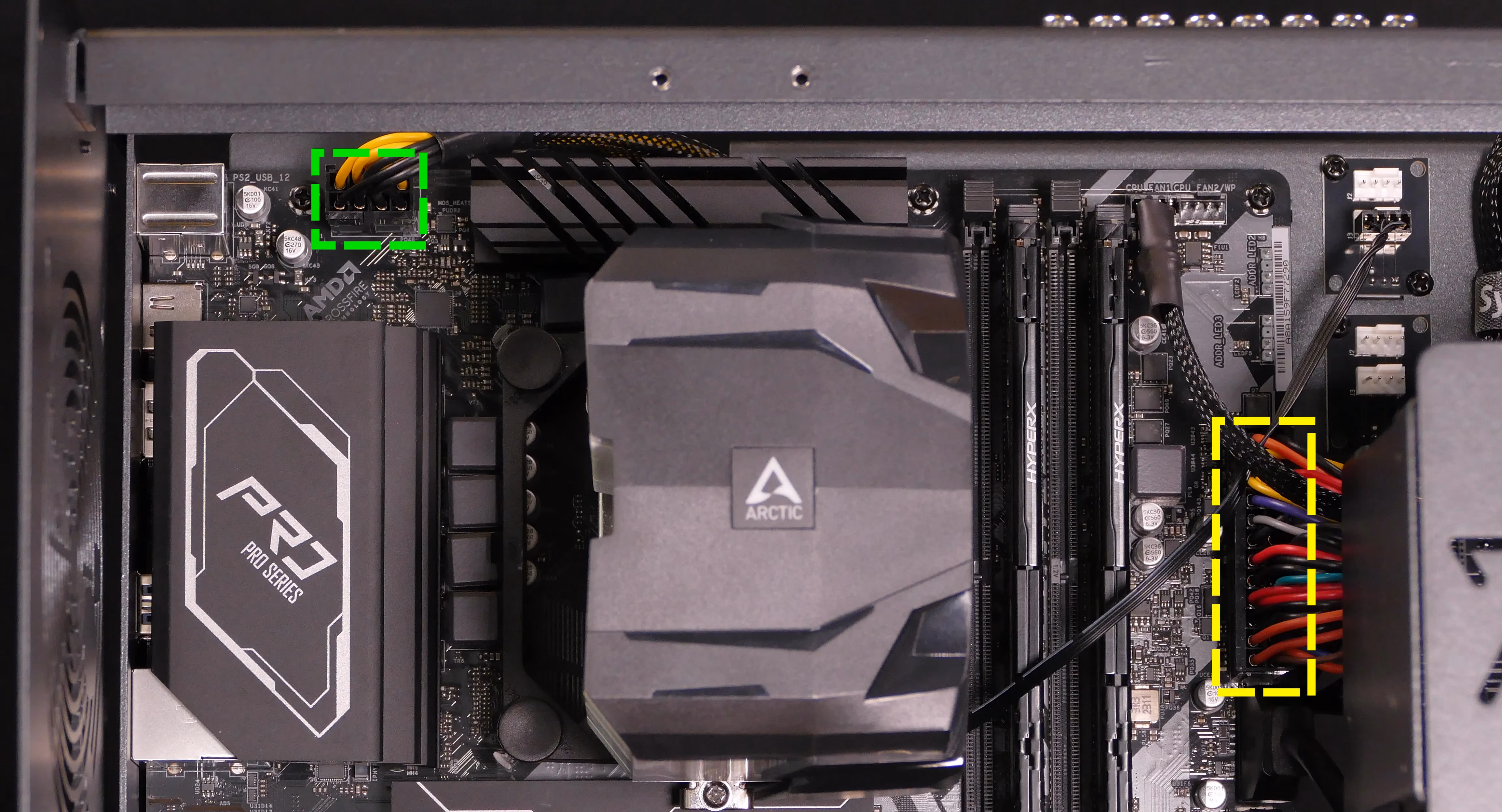 PSU cabling to the motherboard & CPU